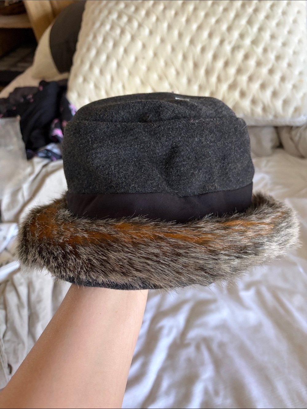 Lillie & Cohoe Wool Felt Cloche Hat with Faux Fur Trim - Dark Gray & Brown